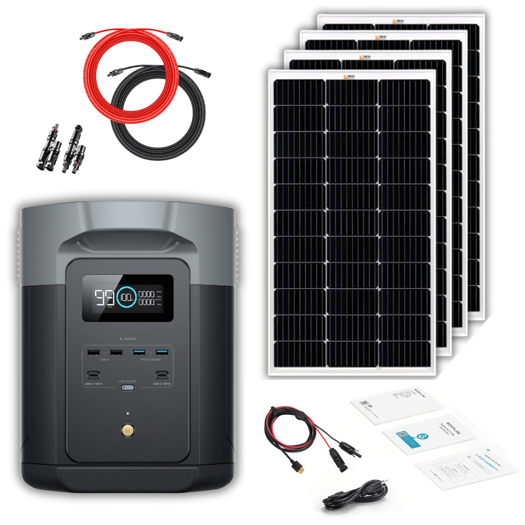 EcoFlow Delta 2 Max 2048Wh 2400W LiFePO4 Solar Generator + 100W Rigid Monocrystalline Solar Panels Kit